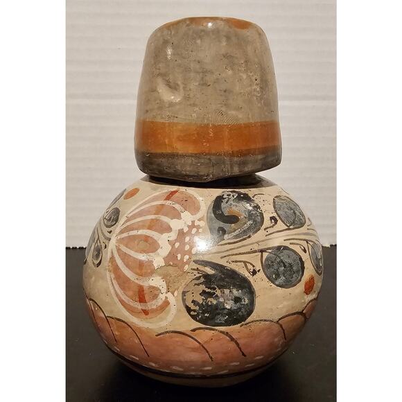 Vintage Floral Dove Tonala Burnished Pottery Water Jug Tumble Up Carafe w/ Cup - Picture 4 of 8